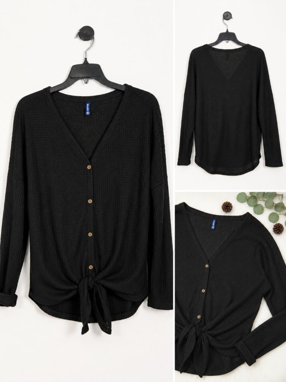 Iwollence Black Waffle Knit Tie Front  Top High Low Hem Stretch Boho Casual Chic